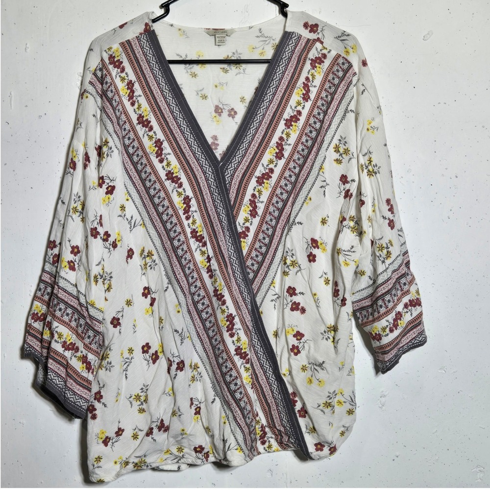 Cato Womens Floral Wrap Front Kimono Sleeve Top Plus 18/20W Boho Cottage Peasant